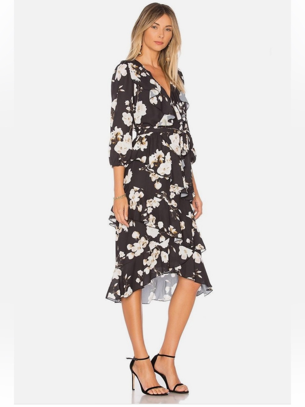 Alice + Olivia Kye Ruffle Floral Print Crepe Midi Dress - Picture 2 of 14
